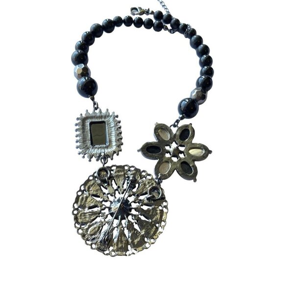 Premier Designs Statement Necklace Black Flower Rhinestone Adjustable Length - Picture 4 of 4